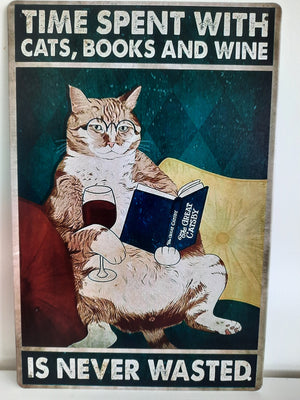 Vintage look Cat Themed Tin Wall Art - Time Spent with Books and Cats and Wine is never wasted