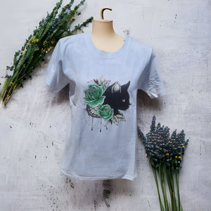 White T Shirt with Black Cat and Watercolour Flower - Pink or Green