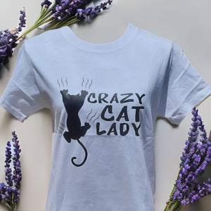 White T Shirt with Crazy Cat Lady Print