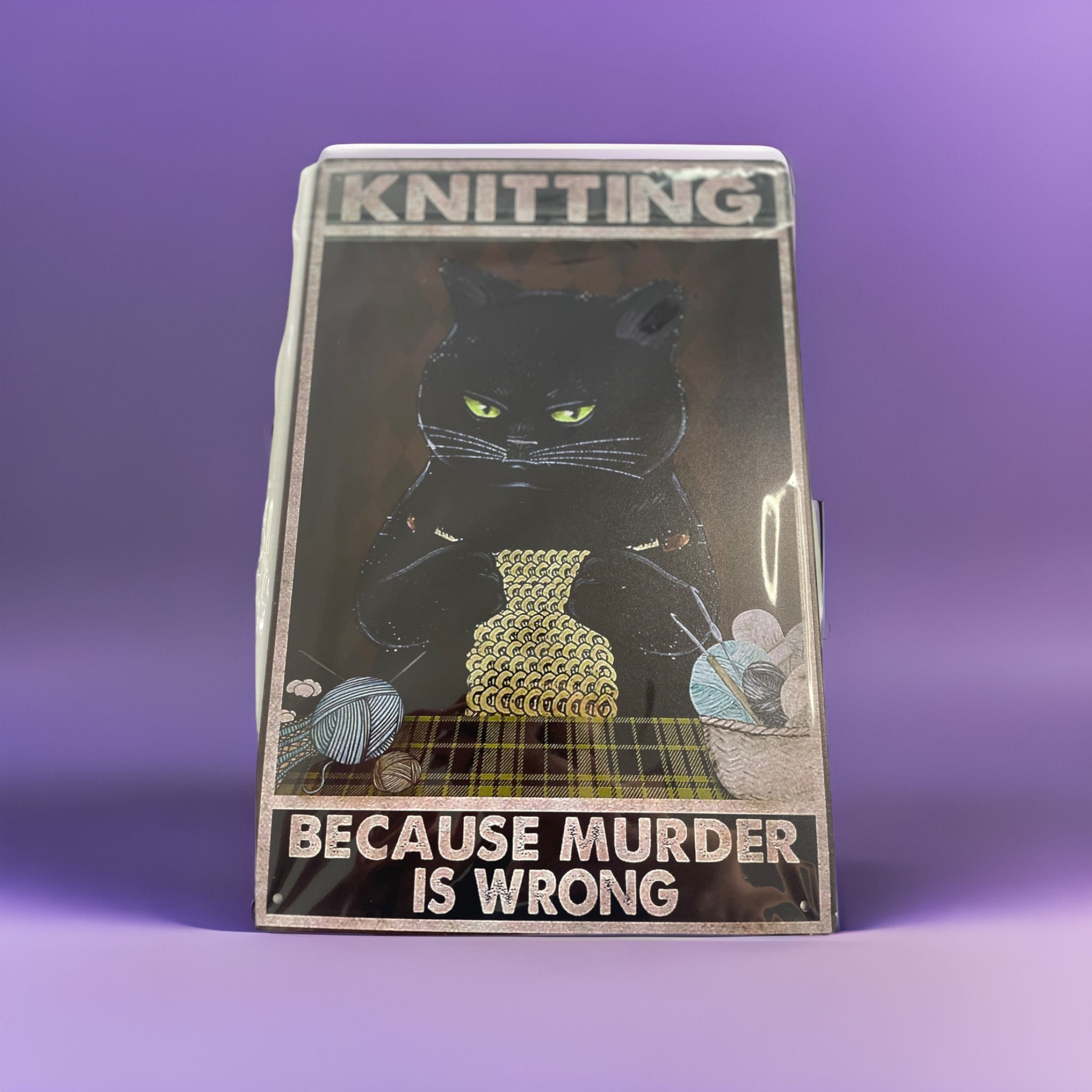 Vintage look Cat Themed Tin Wall Art - Sewing - Because Murder is Wrong