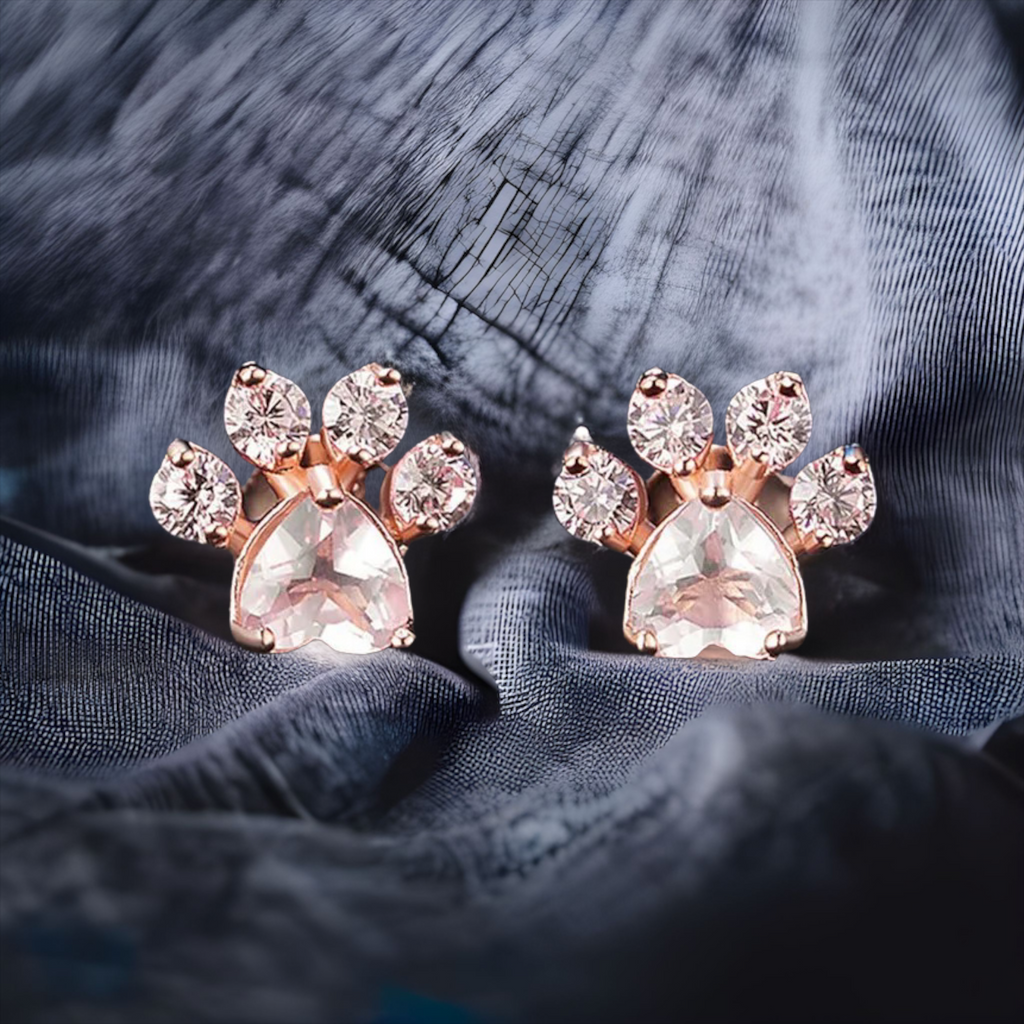 Pink Crystal Zicron stud earrings - -paw prints for your ears