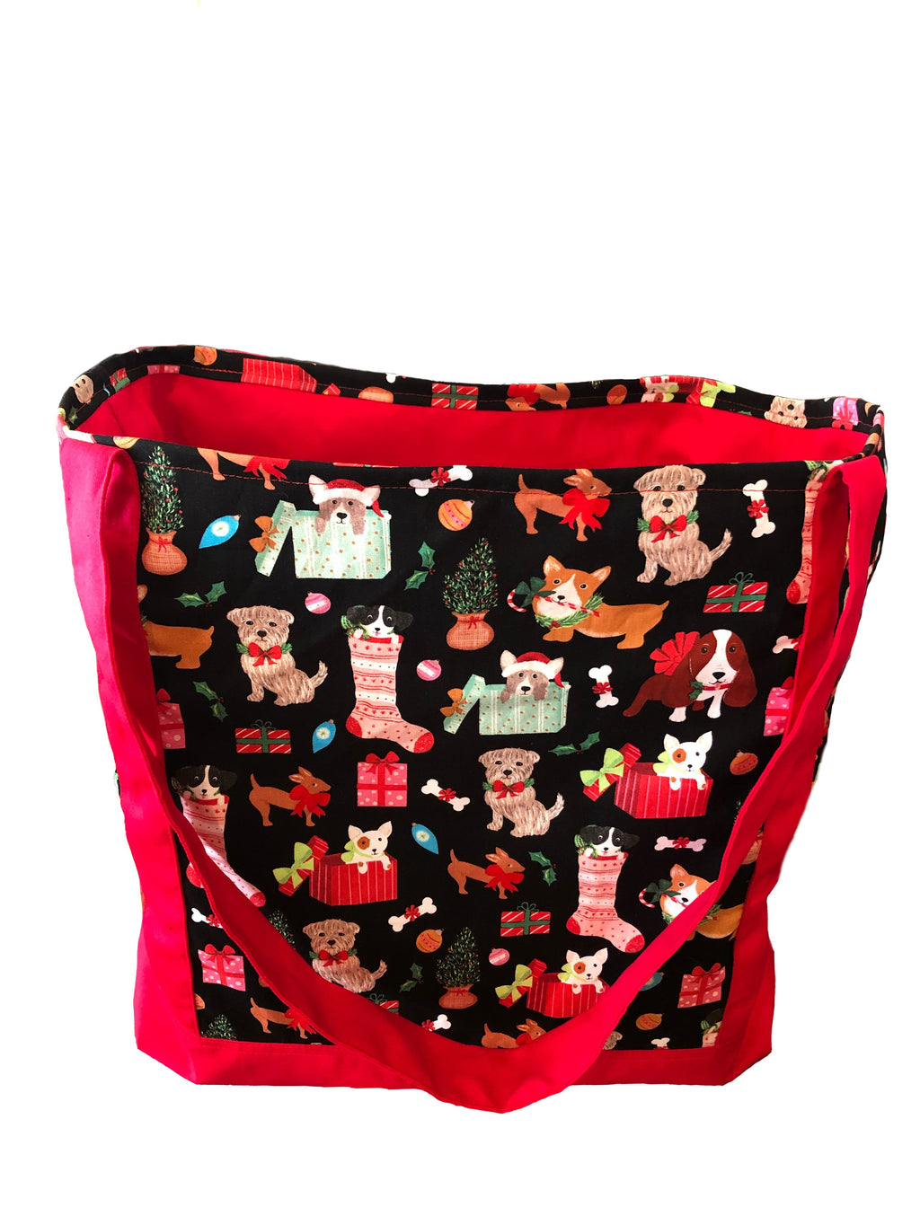Christmas Tote Bag - Festive, happy pups in Christmas boxes & stockings. Feel the spirit of the season. Make great sustainable gift wrapping.